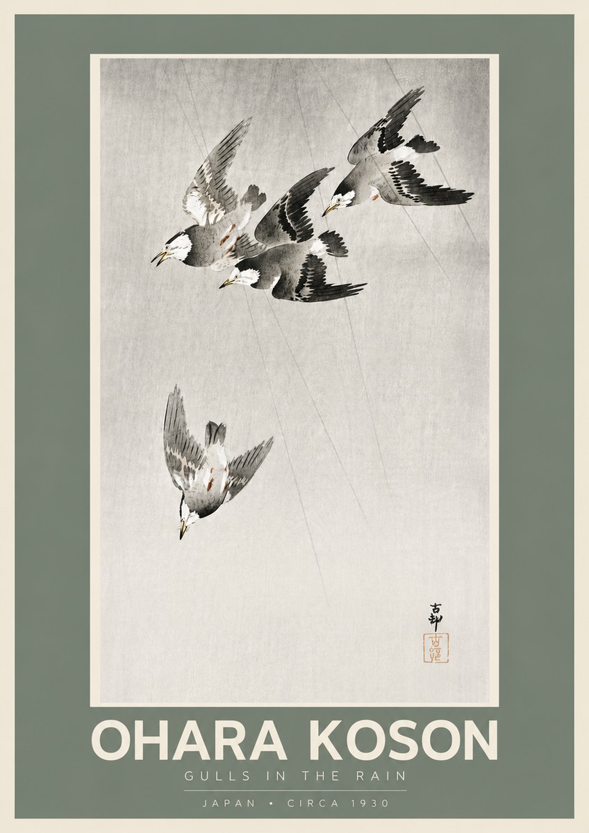Ohara Koson Gulls in the Rain No5 - Juliste