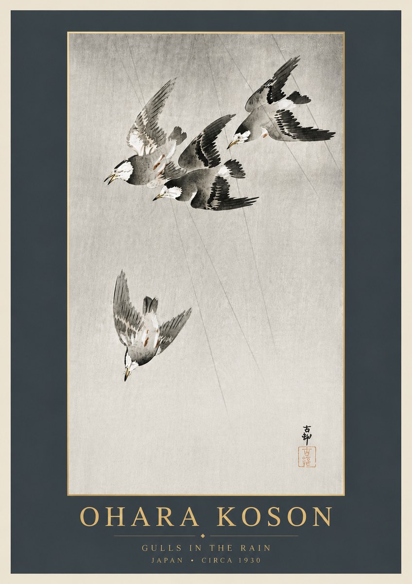 Ohara Koson Gulls in the Rain No6 - Juliste