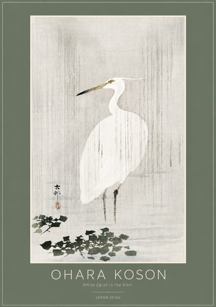 Ohara Koson White Egret in the Rain No2 - Juliste