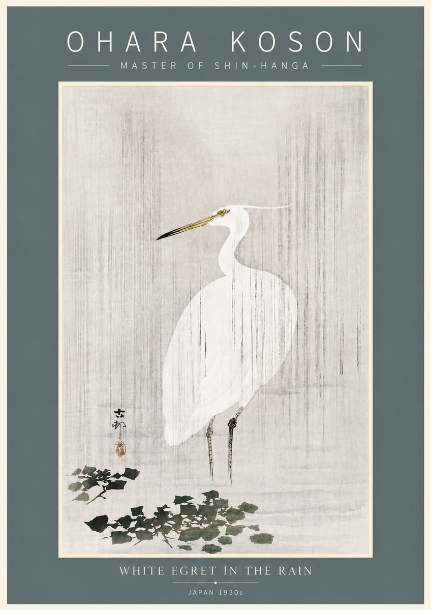 Ohara Koson White Egret in the Rain No5 - Juliste