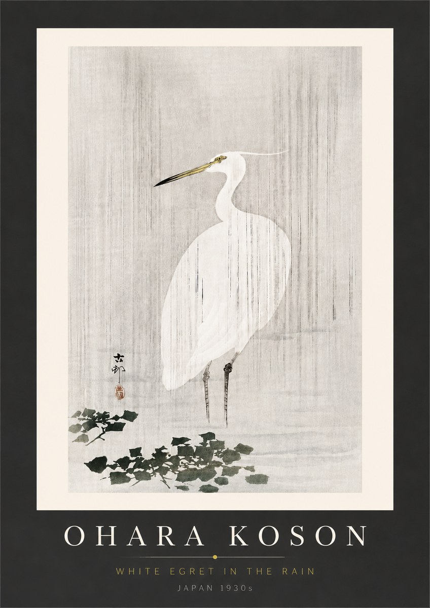 Ohara Koson White Egret in the Rain No6 - Juliste