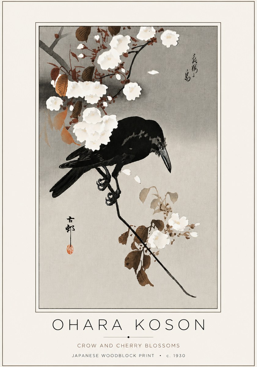 Ohara Koson Crow and Cherry Blossoms No4 - Juliste