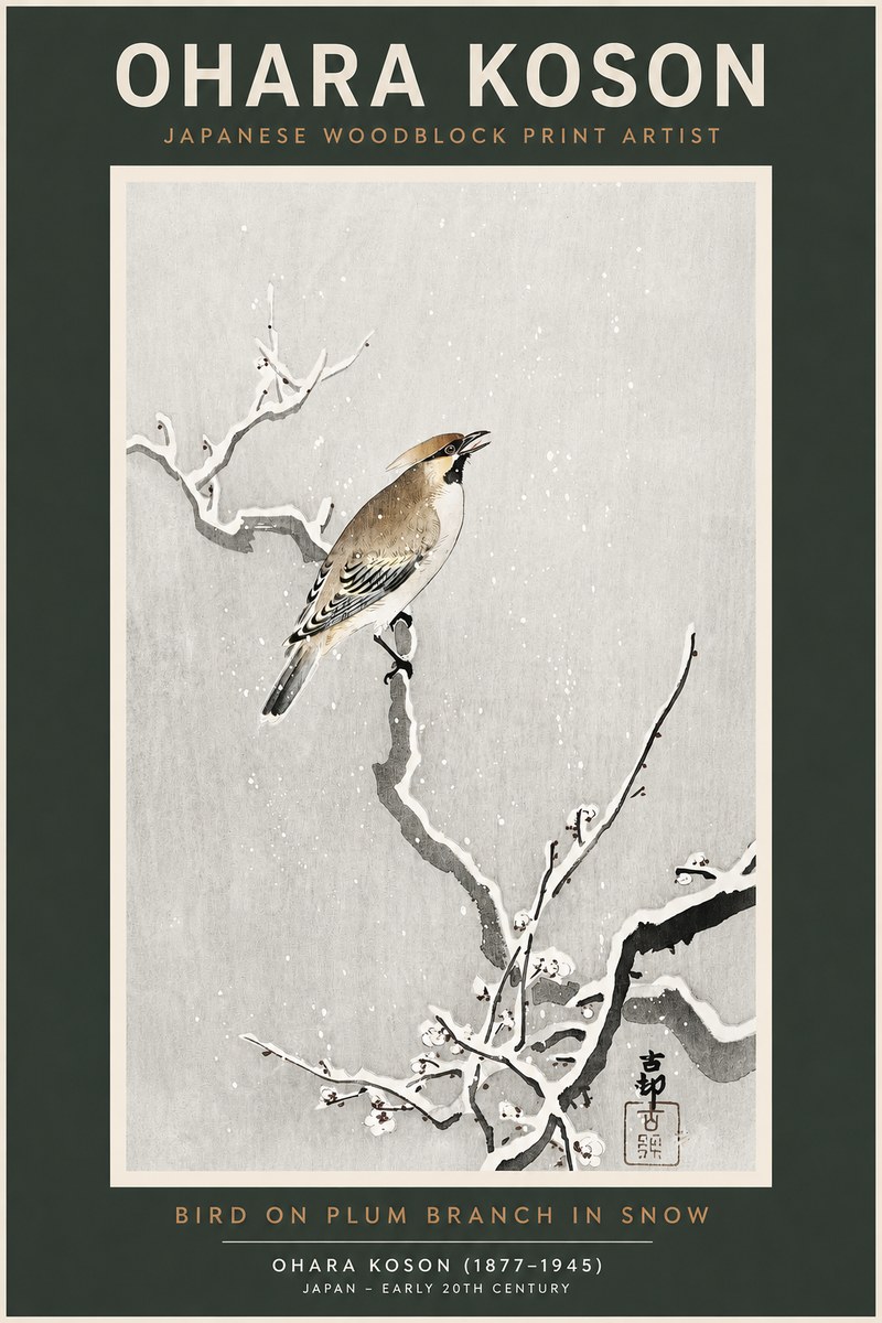 Ohara Koson Bird on Plum Branch in Snow No2 - Juliste