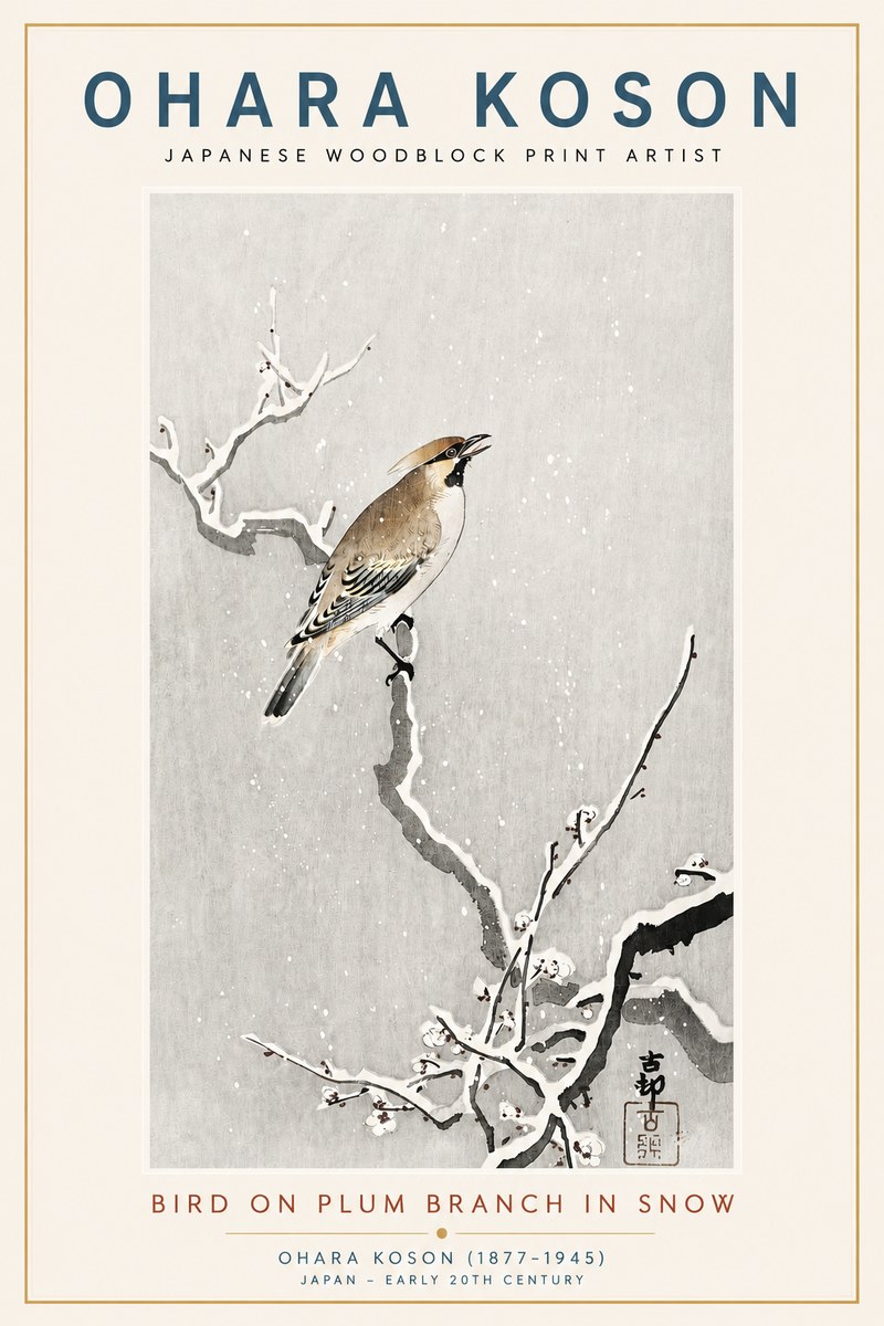 Ohara Koson Bird on Plum Branch in Snow No3 - Juliste
