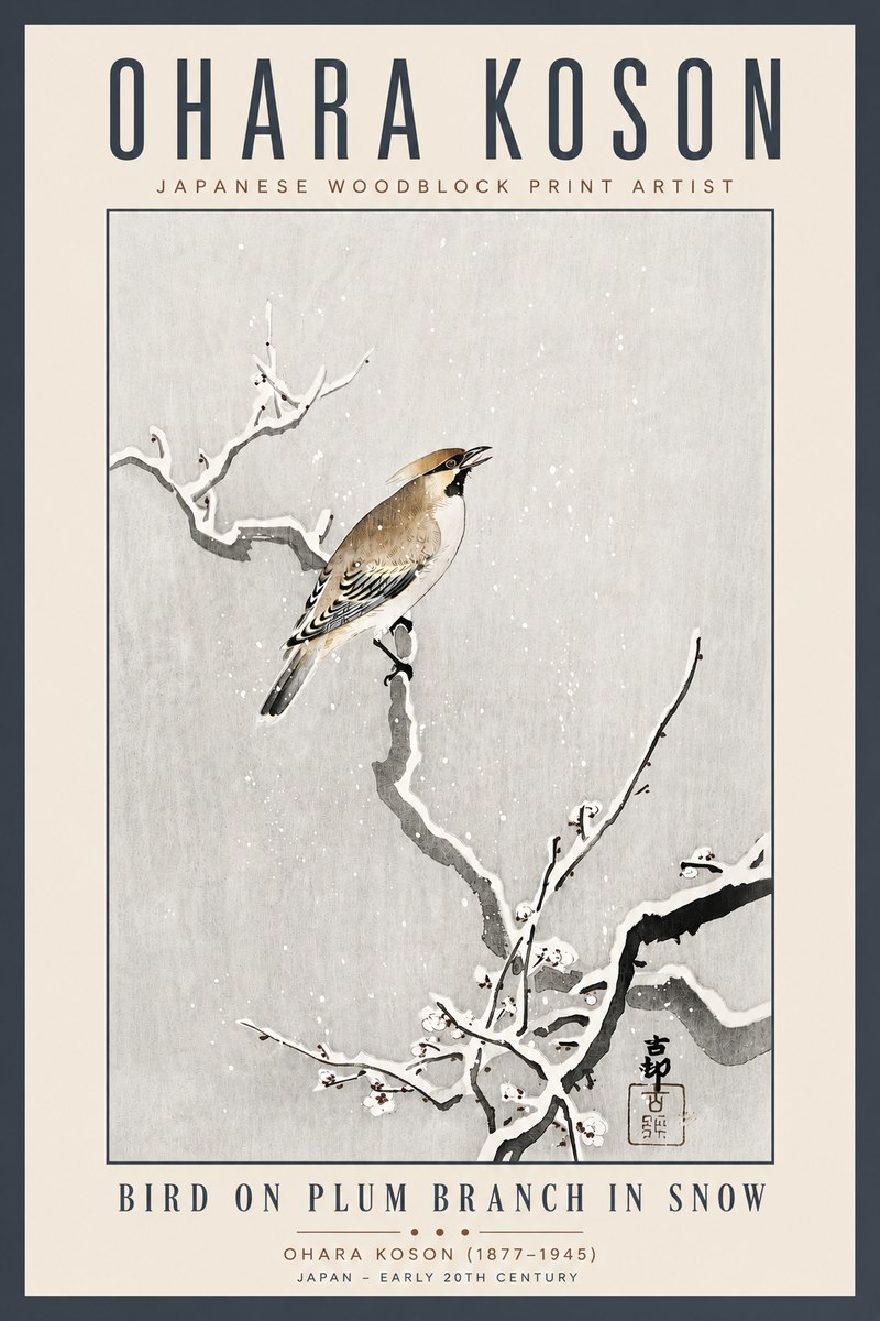 Ohara Koson Bird on Plum Branch in Snow No5 - Juliste