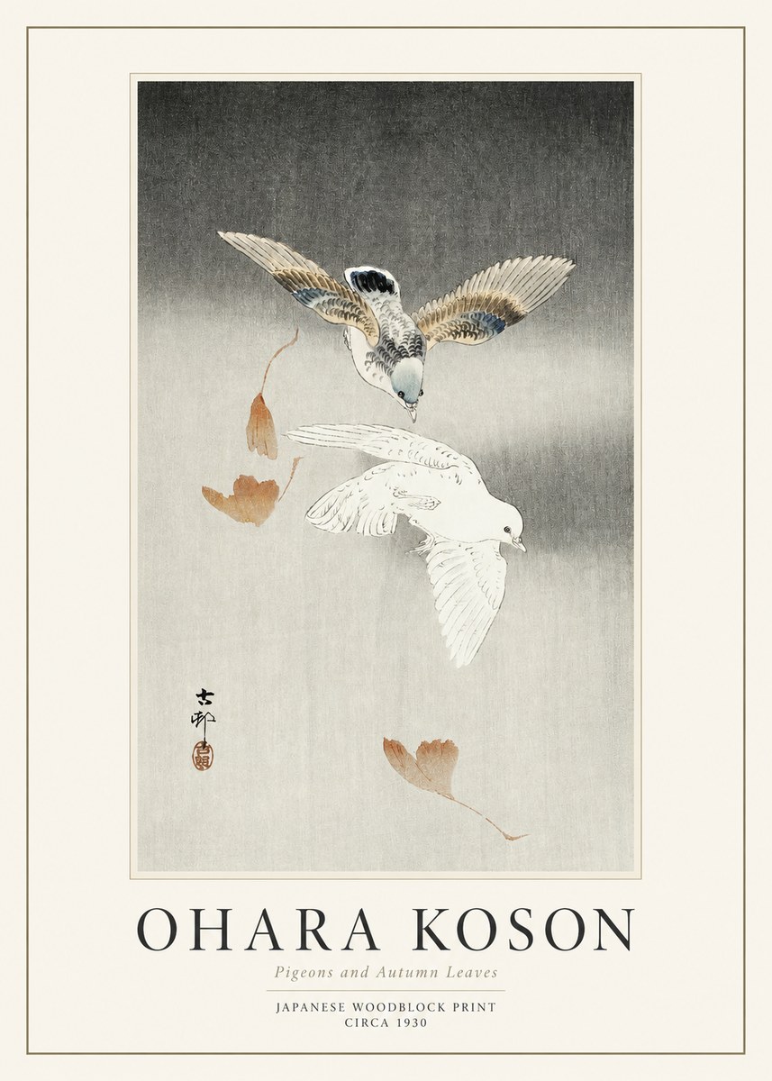 Ohara Koson Pigeons and Autumn Leaves No1 - Juliste