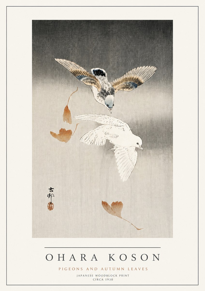 Ohara Koson Pigeons and Autumn Leaves No4 - Juliste