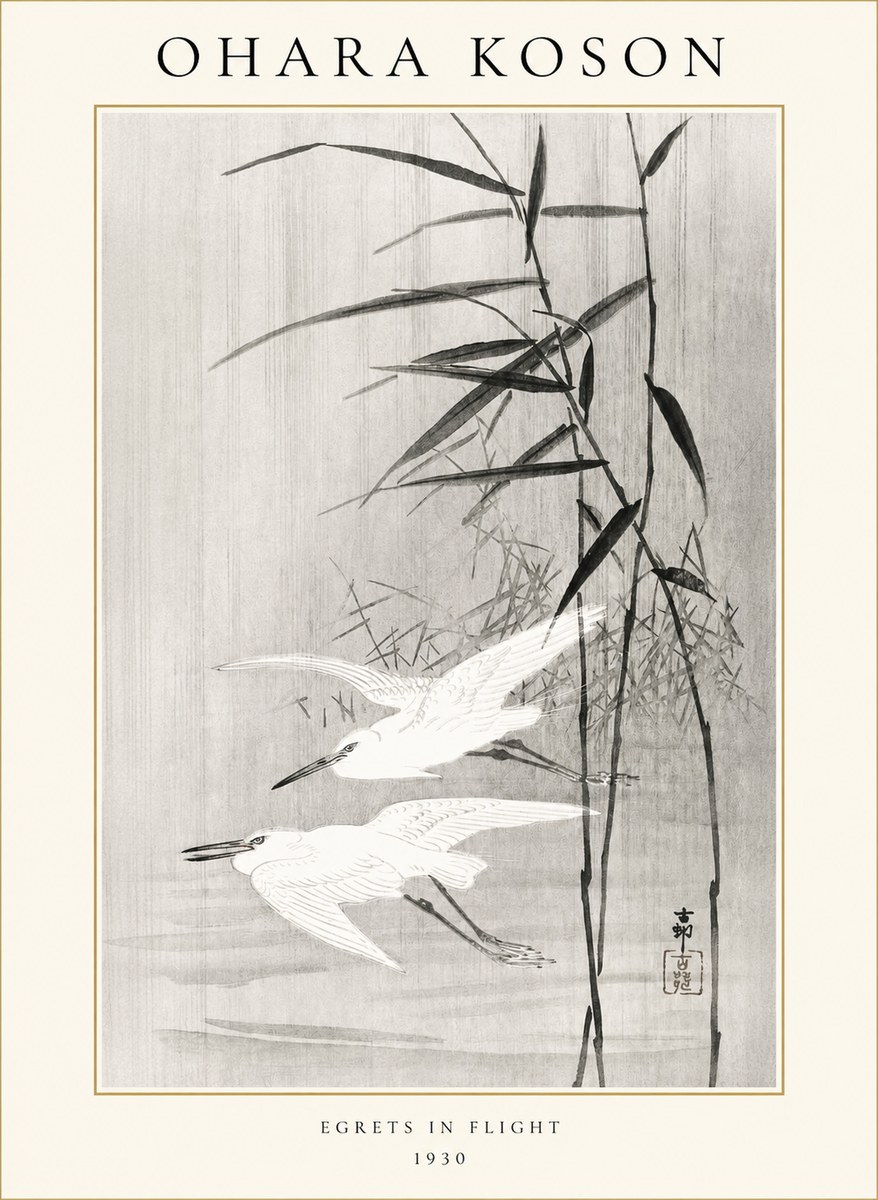 Ohara Koson Two Herons and Reeds No2 - Juliste