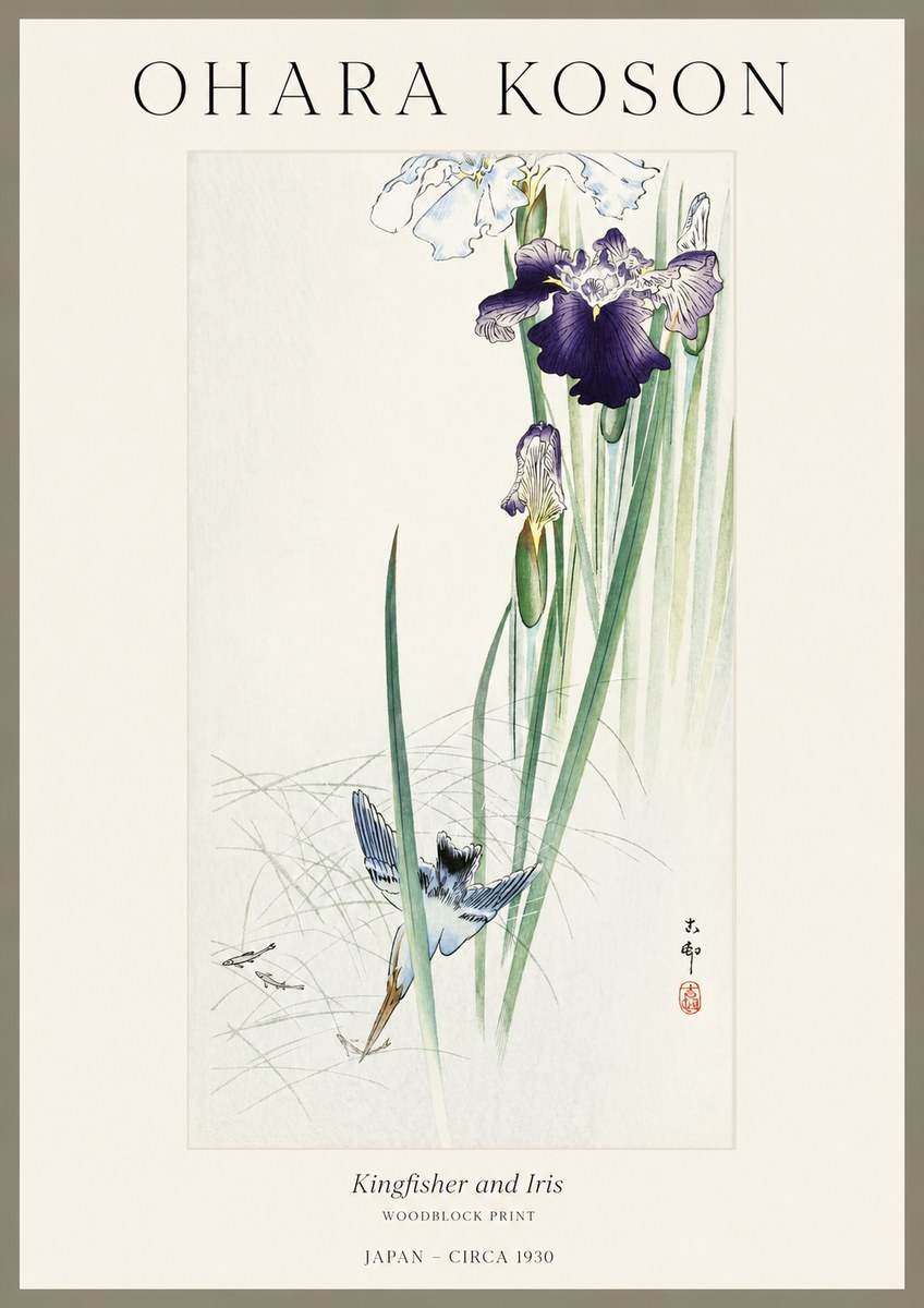 Ohara Koson Kingfisher and Iris No1 - Juliste