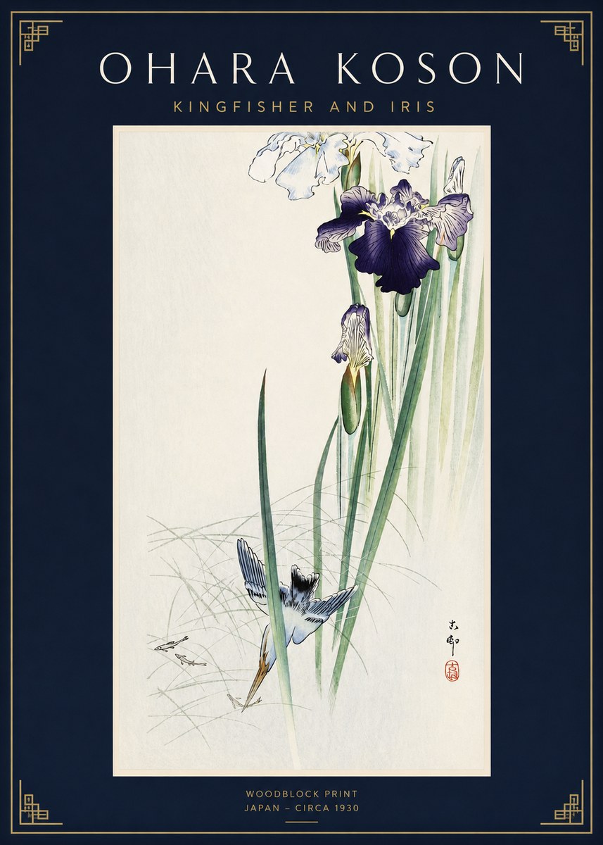 Ohara Koson Kingfisher and Iris No2 - Juliste