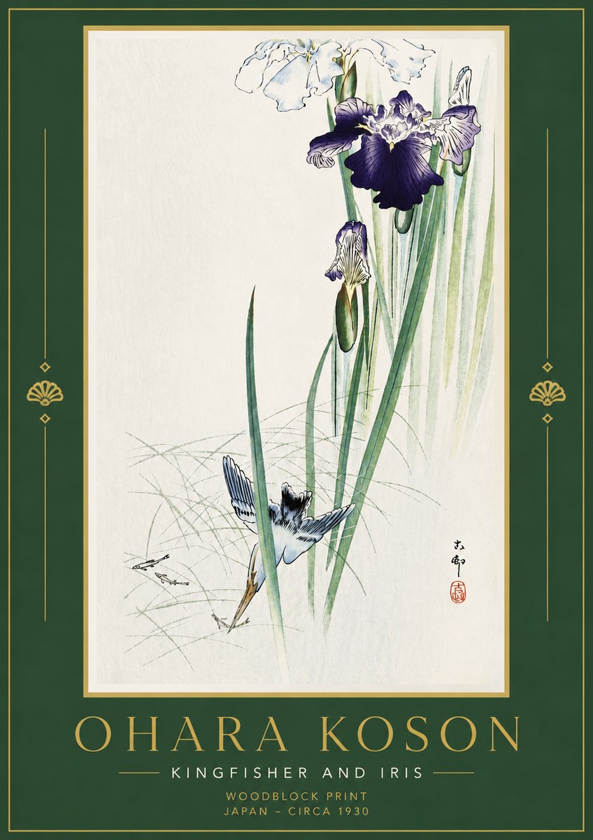 Ohara Koson Kingfisher and Iris No6 - Juliste