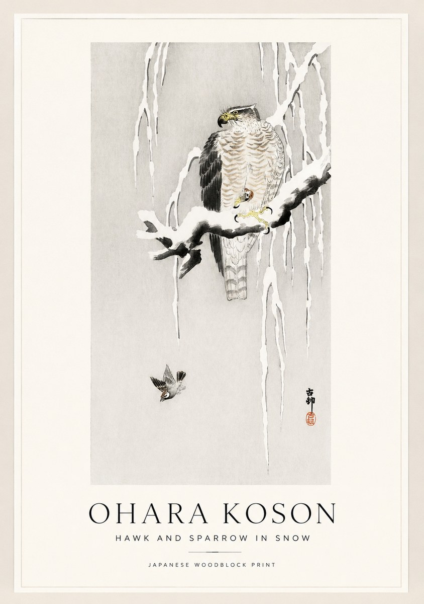 Ohara Koson Hawk and Sparrow in Snow No1 - Juliste