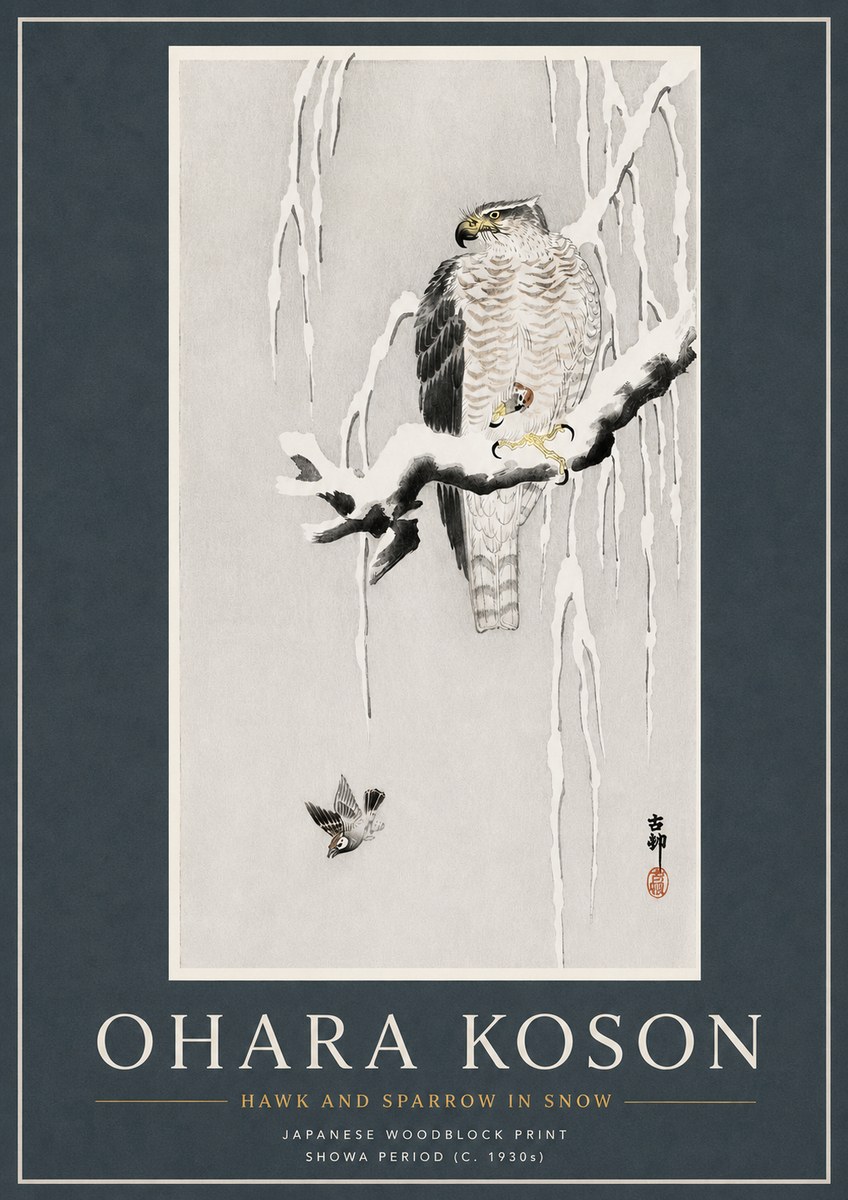 Ohara Koson Hawk and Sparrow in Snow No3 - Juliste