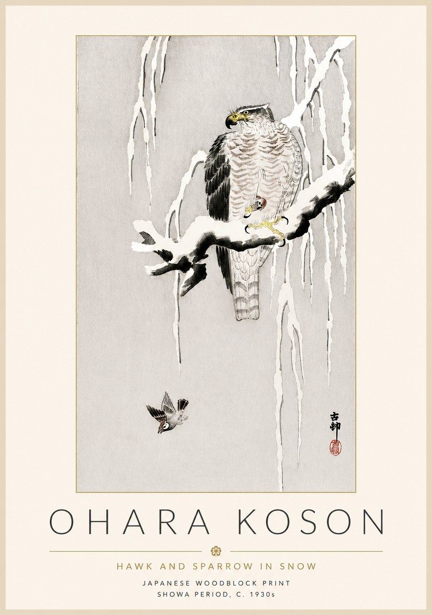 Ohara Koson Hawk and Sparrow in Snow No4 - Juliste