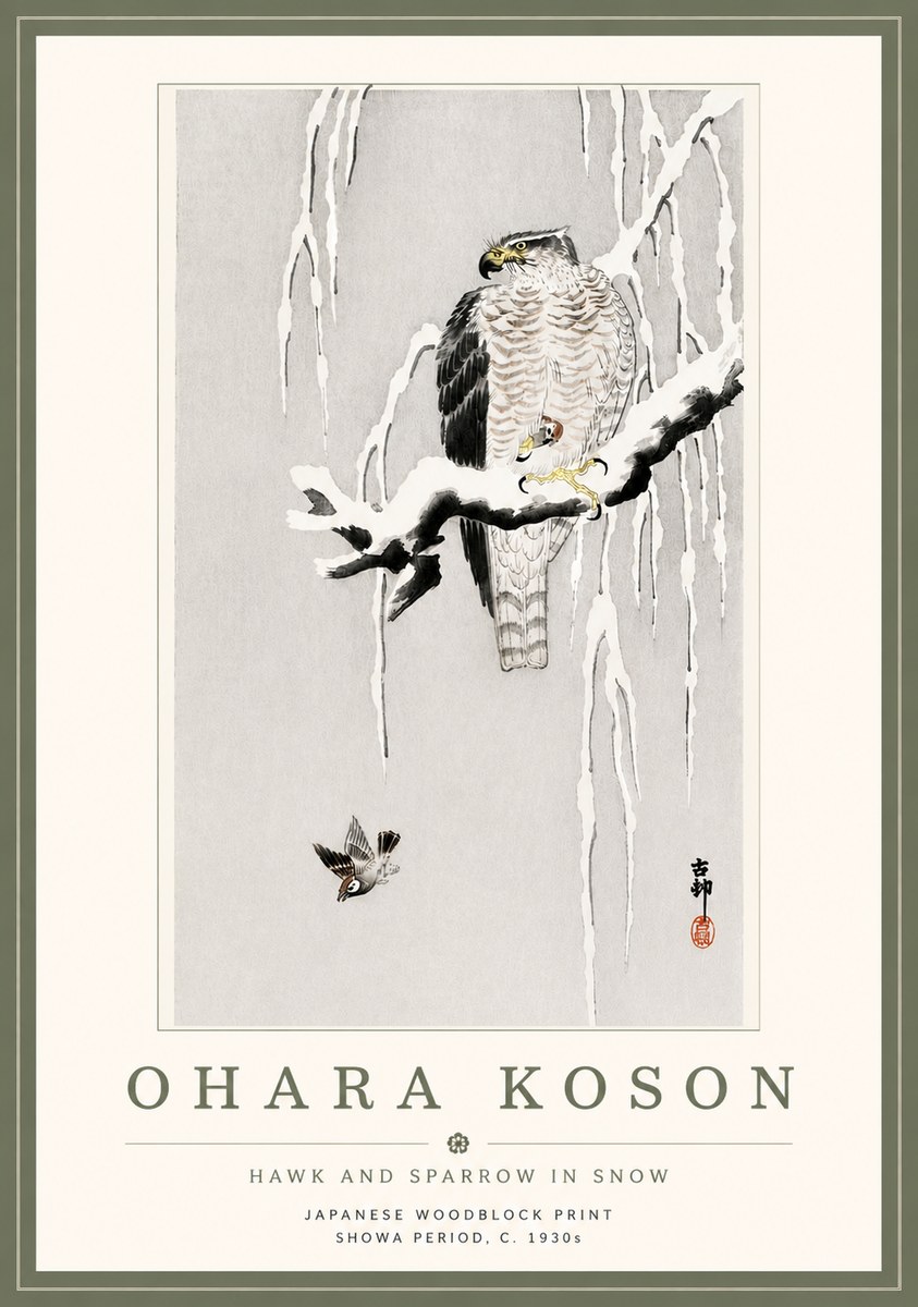Ohara Koson Hawk and Sparrow in Snow No5 - Juliste