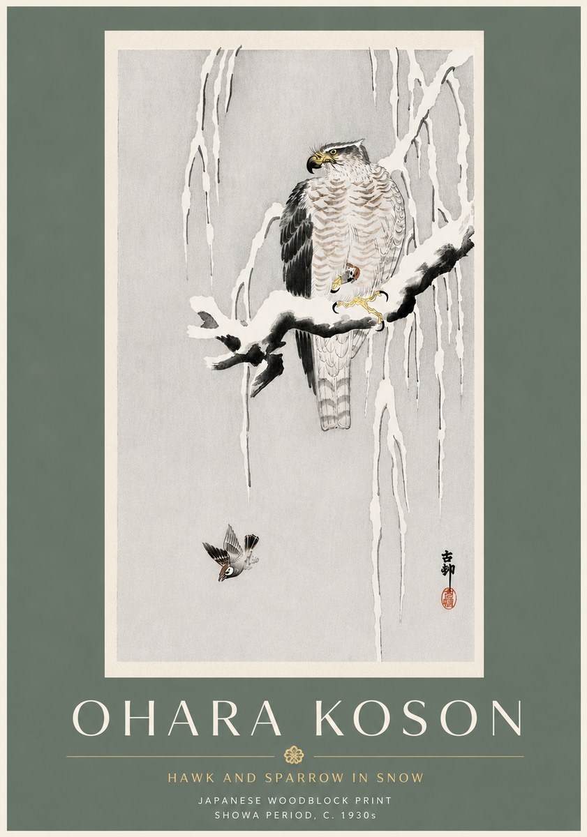 Ohara Koson Hawk and Sparrow in Snow No6 - Juliste