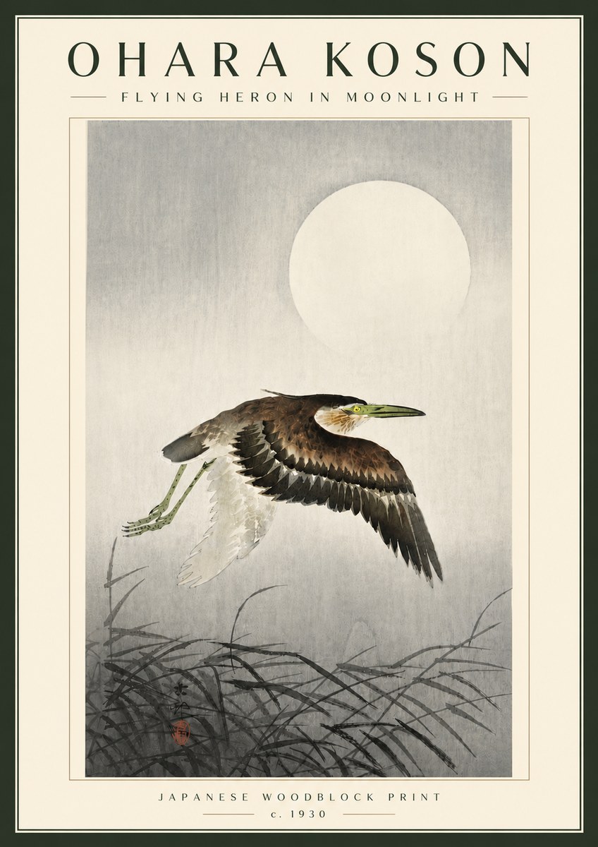 Ohara Koson Flying Heron in Moonlight No5 - Juliste