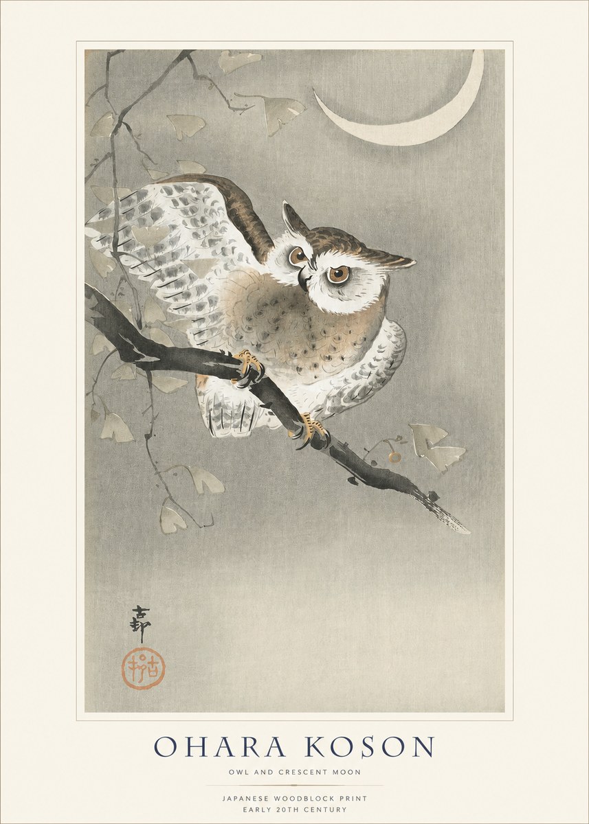 Ohara Koson Owl and Crescent Moon No1 - Juliste