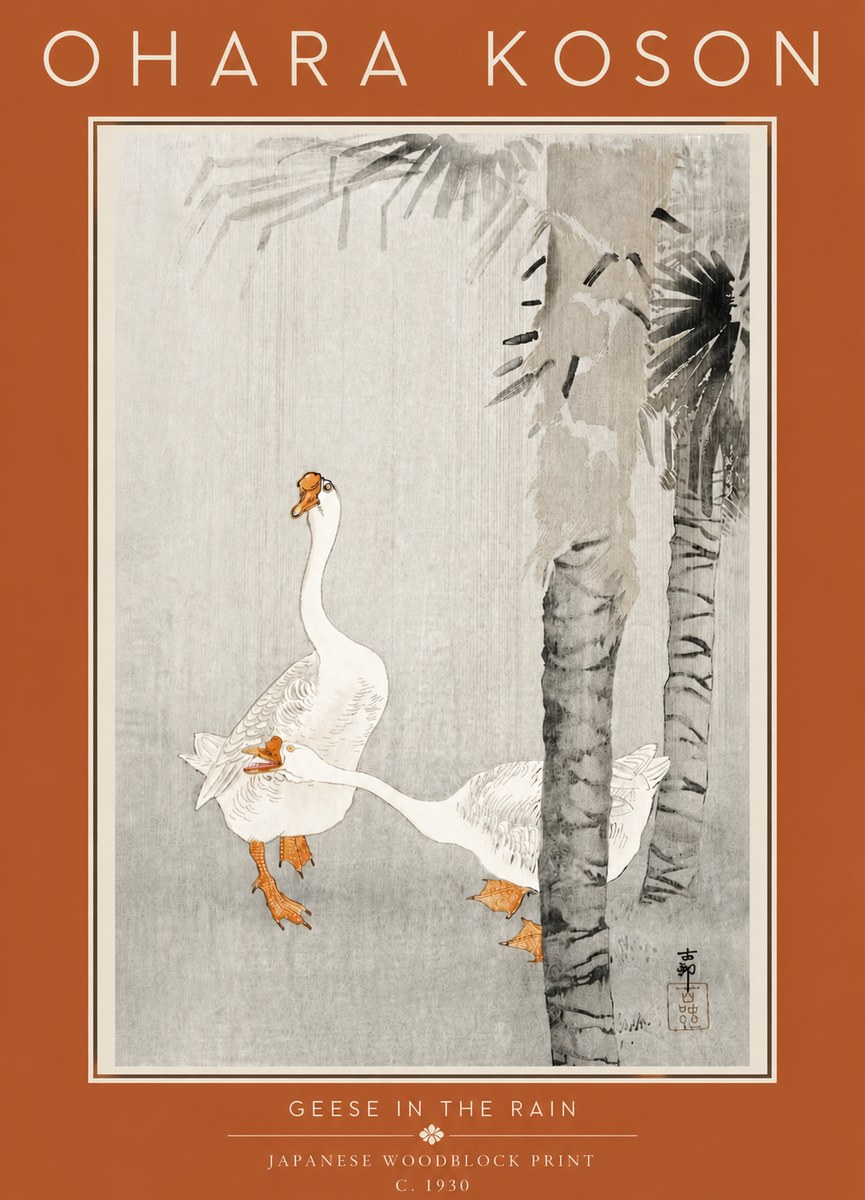 Ohara Koson Geese in the Rain No5 - Juliste