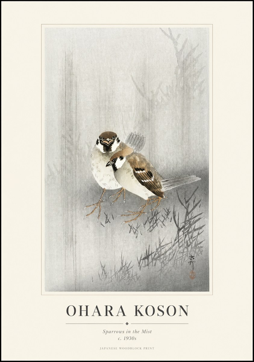 Ohara Koson Sparrows in the Mist No1 - Juliste
