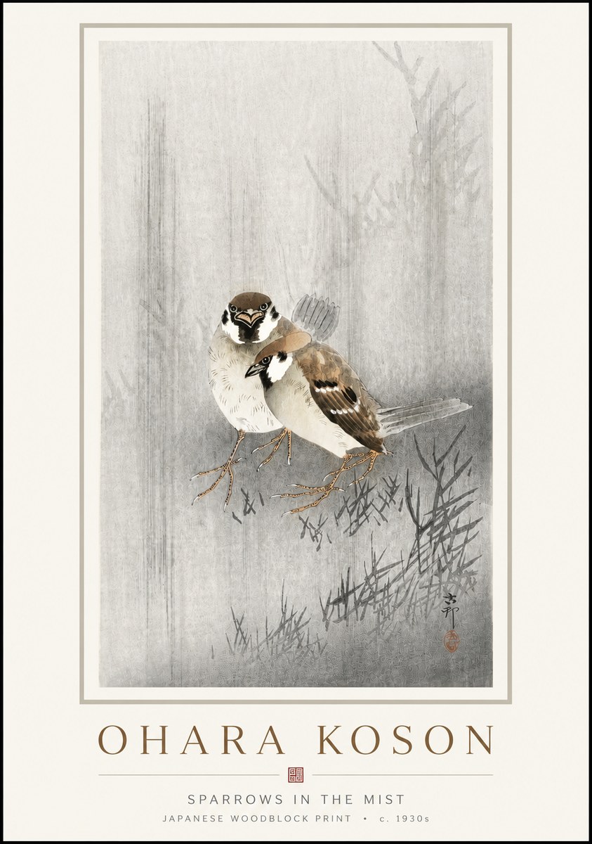 Ohara Koson Sparrows in the Mist No3 - Juliste