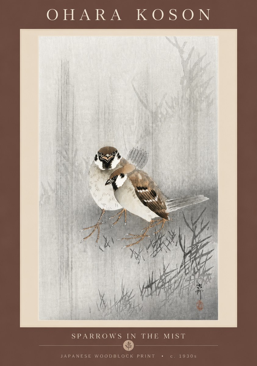 Ohara Koson Sparrows in the Mist No5 - Juliste