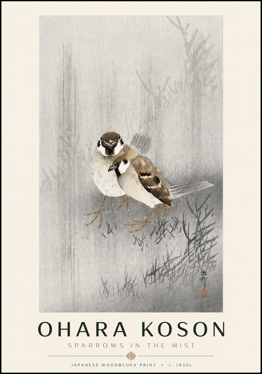 Ohara Koson Sparrows in the Mist No6 - Juliste