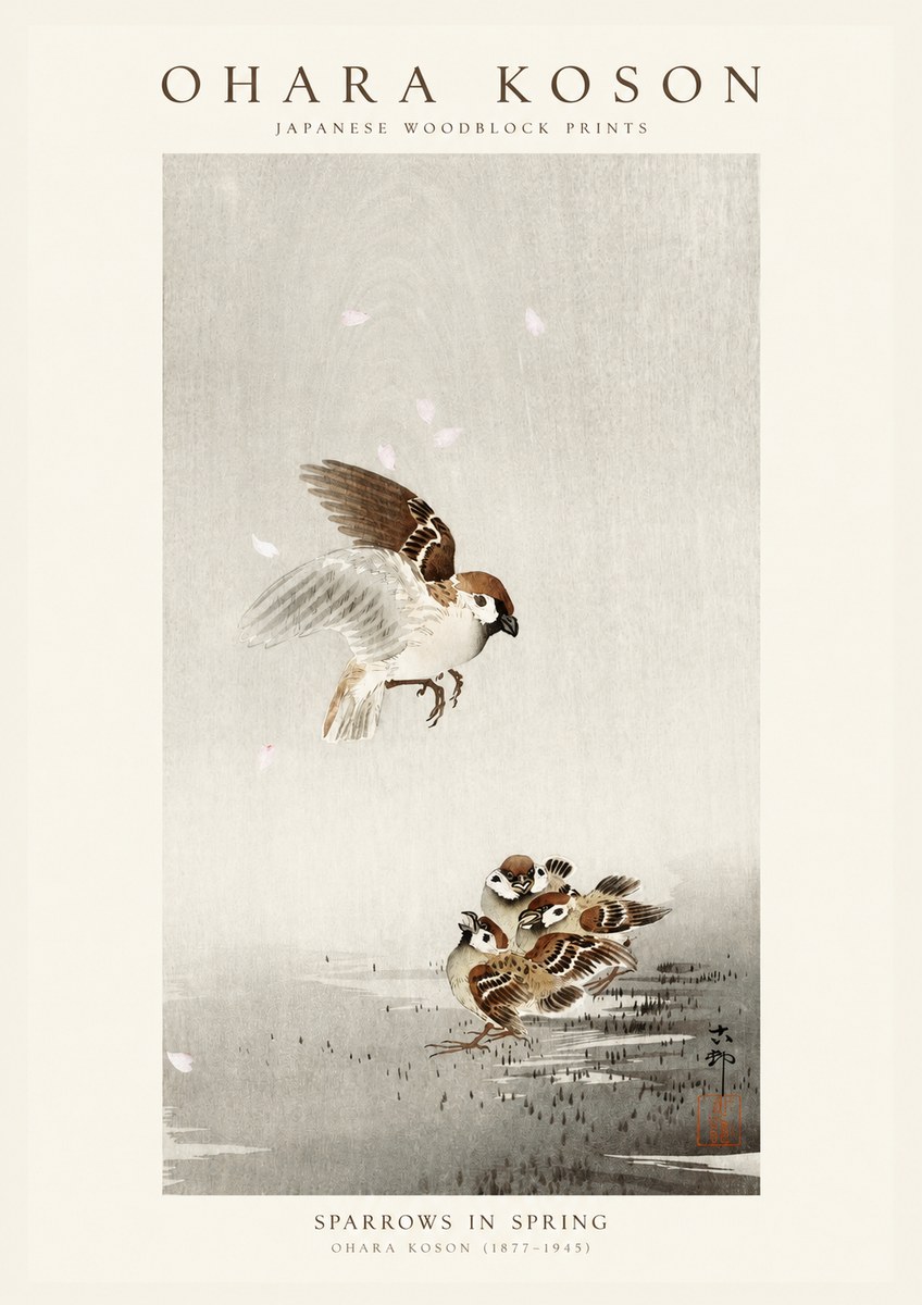 Ohara Koson Sparrows in Spring No1 - Juliste