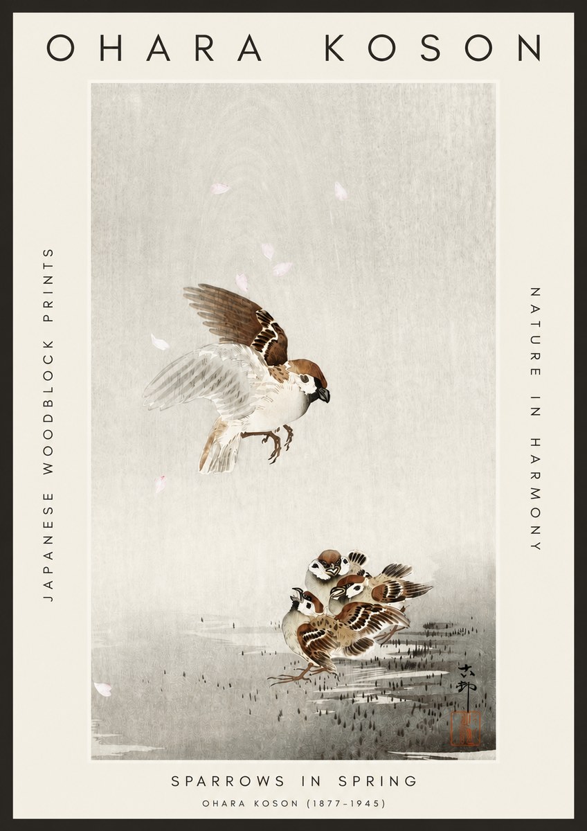 Ohara Koson Sparrows in Spring No3 - Juliste