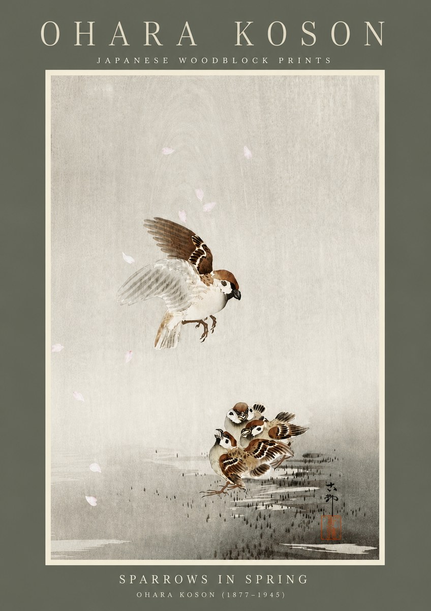Ohara Koson Sparrows in Spring No4 - Juliste