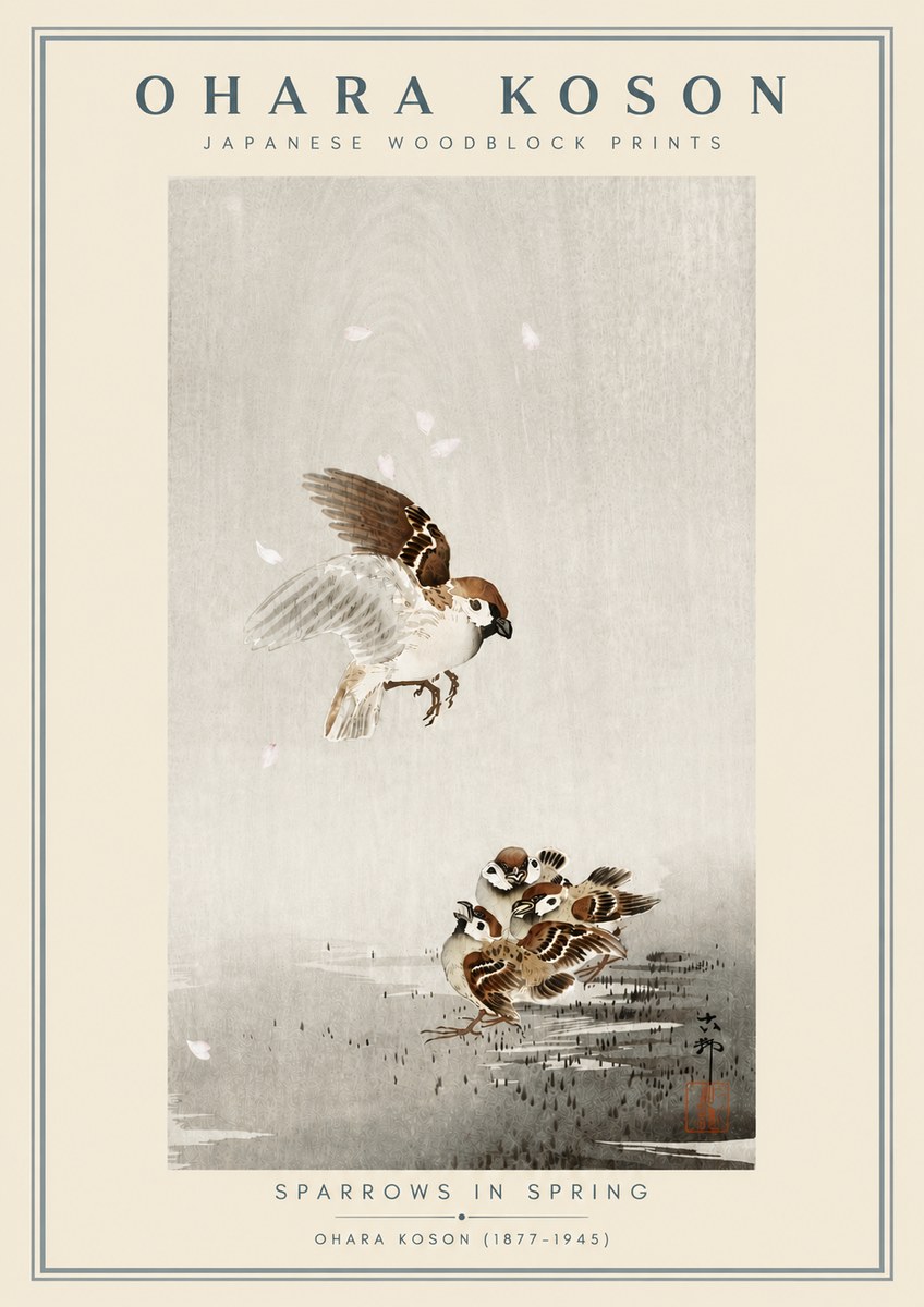 Ohara Koson Sparrows in Spring No6 - Juliste