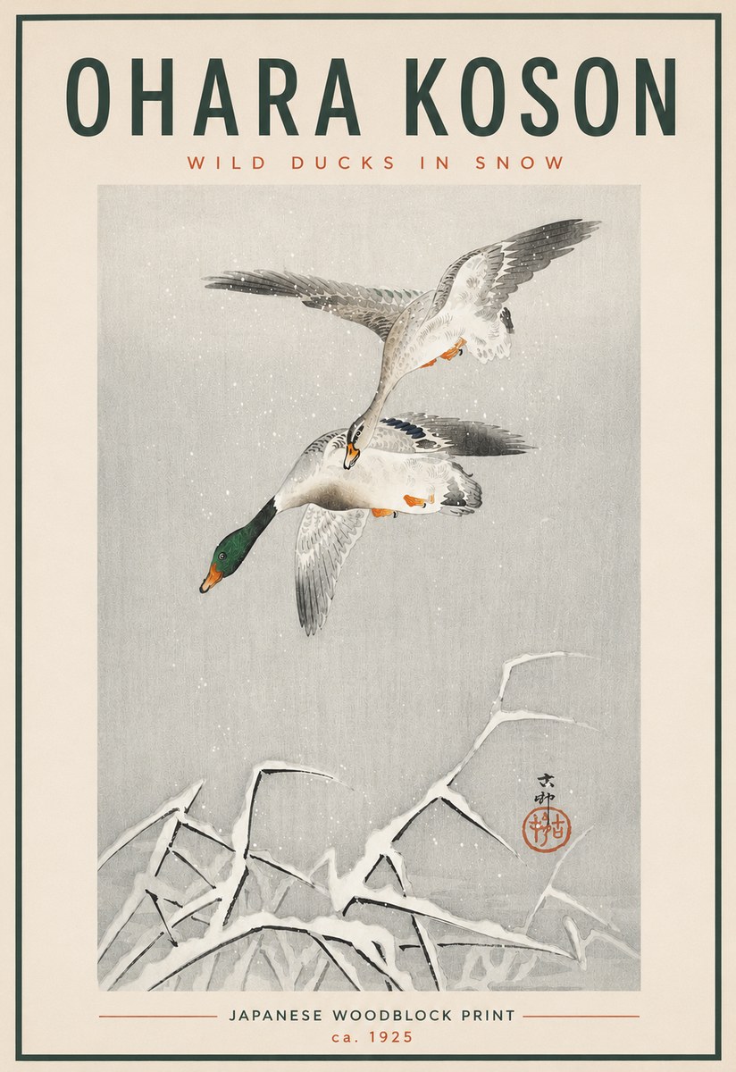 Ohara Koson Wild Ducks in Snow No4 - Juliste