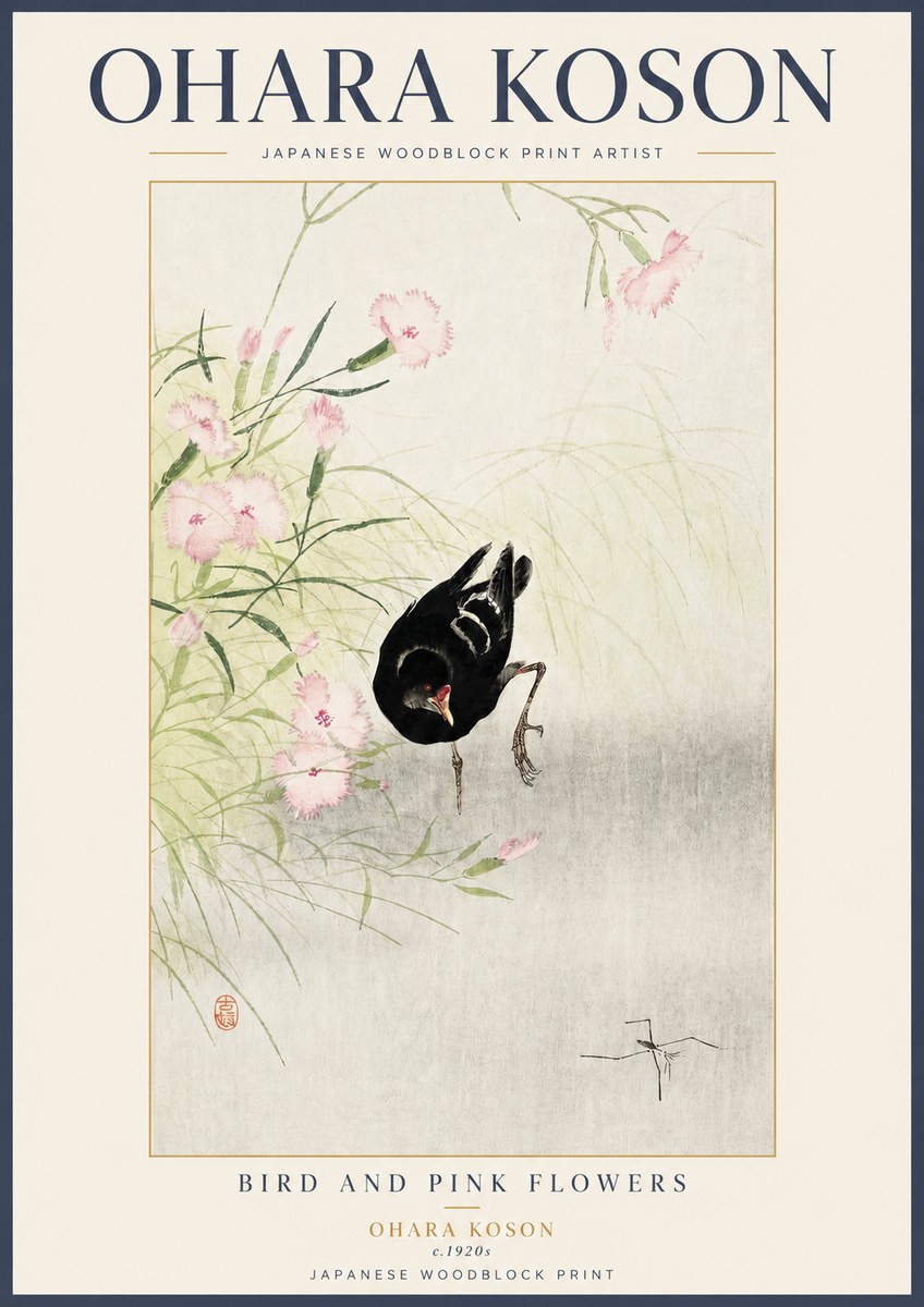 Ohara Koson Bird and Pink Flowers No3 - Juliste