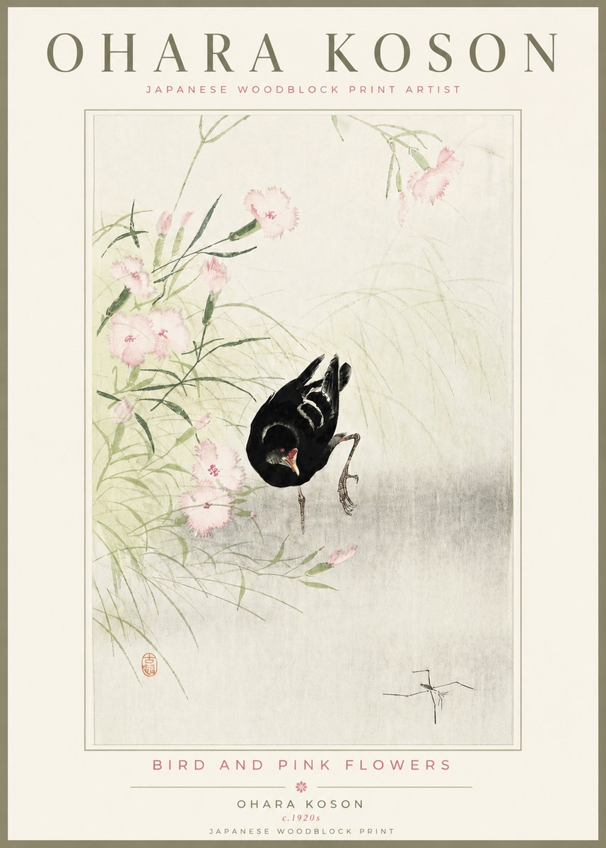 Ohara Koson Bird and Pink Flowers No4 - Juliste