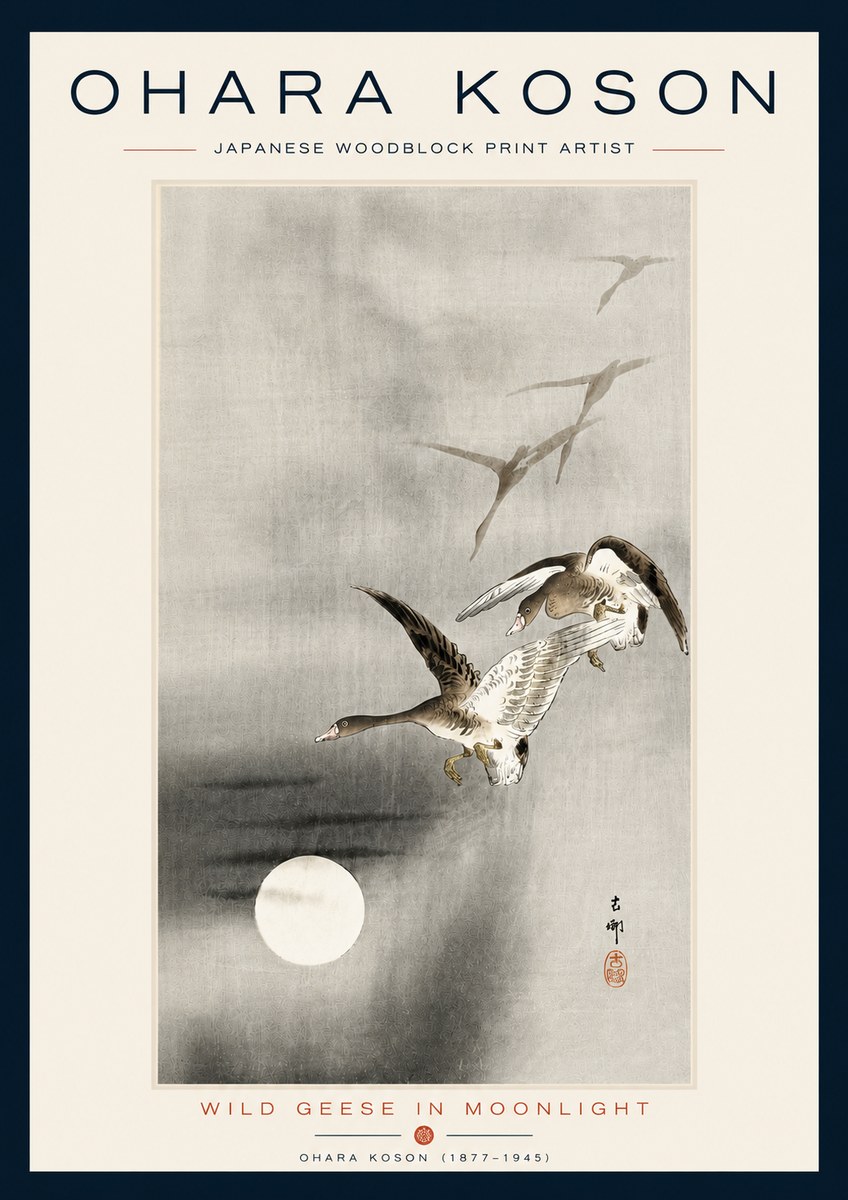 Ohara Koson Wild Geese in Moonlight II No5 - Juliste