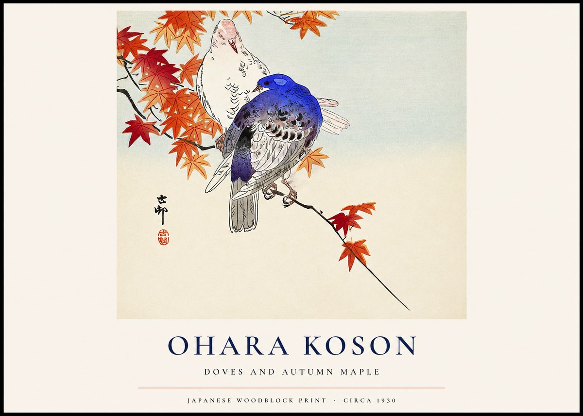 Ohara Koson Doves and Autumn Maple No1 - Juliste