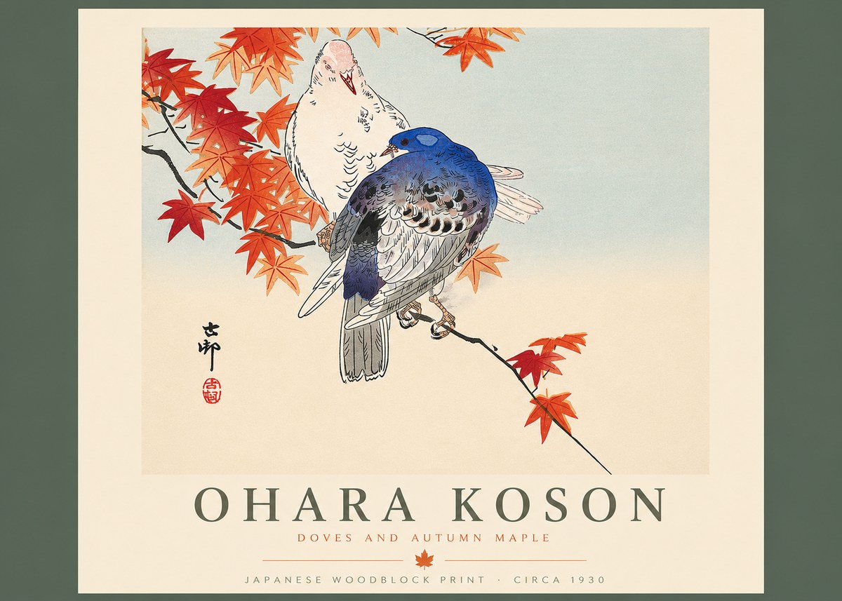 Ohara Koson Doves and Autumn Maple No4 - Juliste