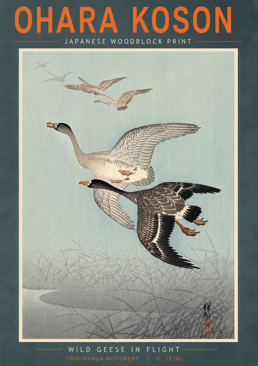 Ohara Koson Wild Geese in Flight II No5 - Juliste