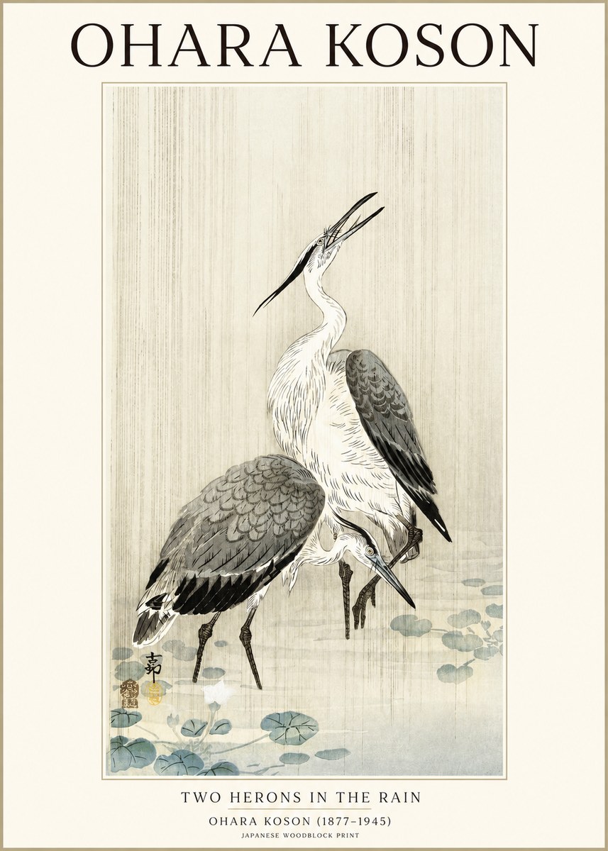 Ohara Koson Two Herons in the Rain No1 - Juliste