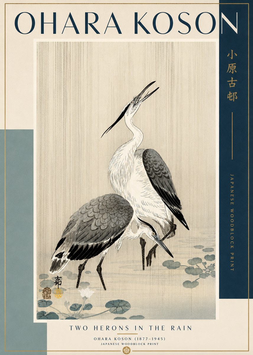 Ohara Koson Two Herons in the Rain No2 - Juliste