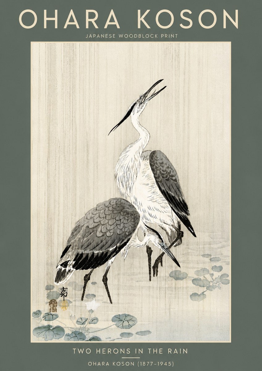 Ohara Koson Two Herons in the Rain No5 - Juliste