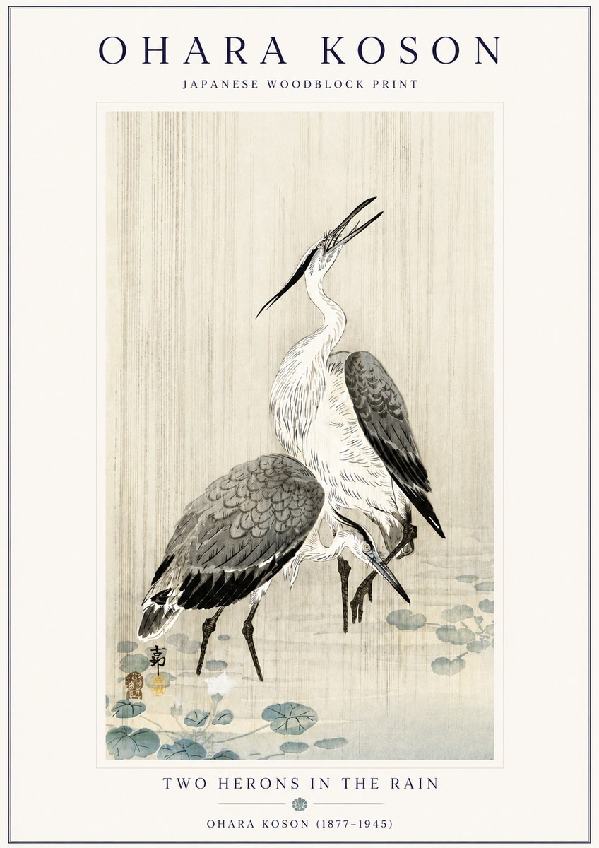 Ohara Koson Two Herons in the Rain No6 - Juliste