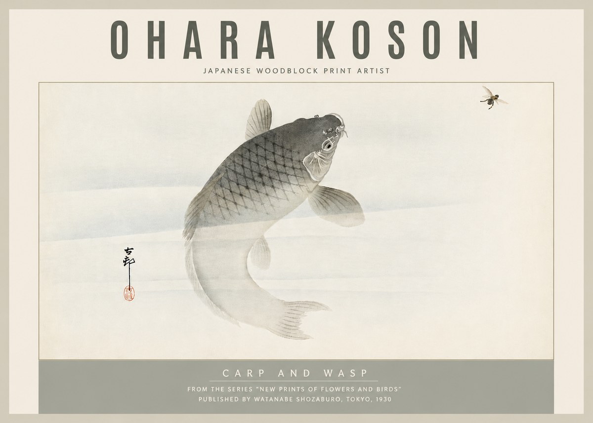 Ohara Koson Carp and Wasp No5 - Juliste