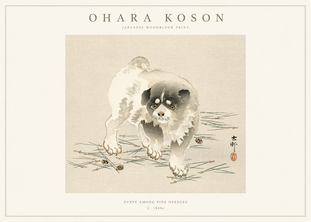 Ohara Koson Puppy Among Pine Needles No1 - Juliste