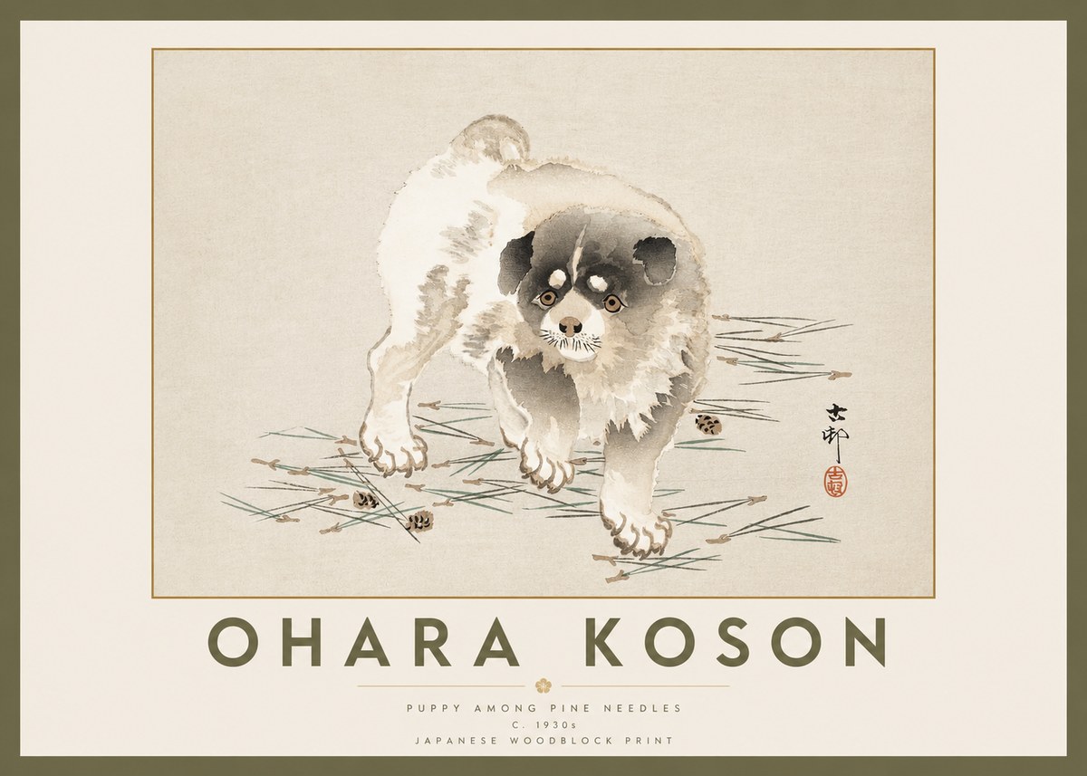 Ohara Koson Puppy Among Pine Needles No2 - Juliste