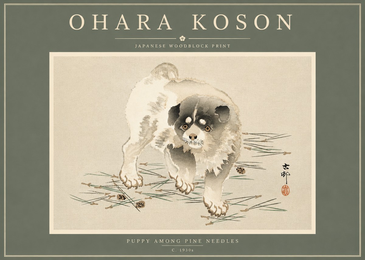 Ohara Koson Puppy Among Pine Needles No4 - Juliste