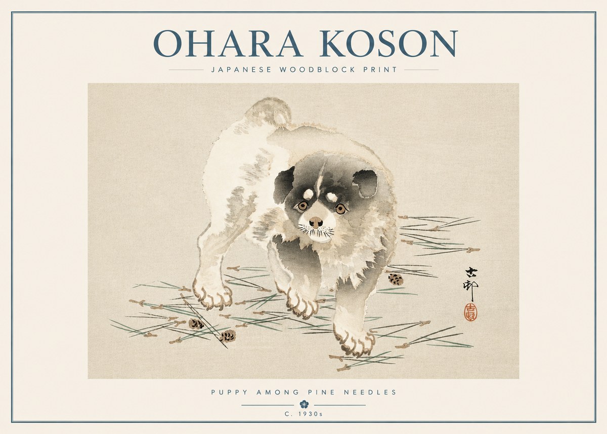 Ohara Koson Puppy Among Pine Needles No5 - Juliste