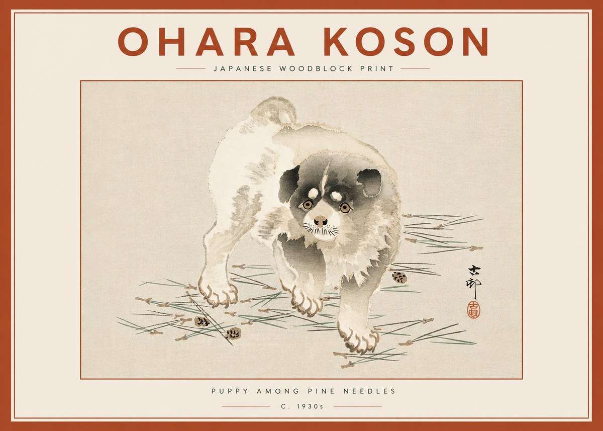Ohara Koson Puppy Among Pine Needles No6 - Juliste