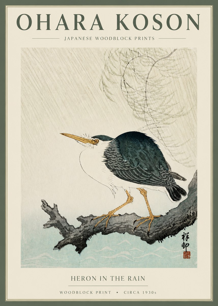 Ohara Koson Heron in the Rain No2 - Juliste