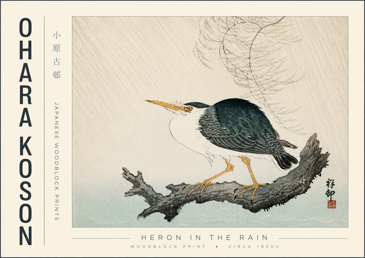 Ohara Koson Heron in the Rain No4 - Juliste